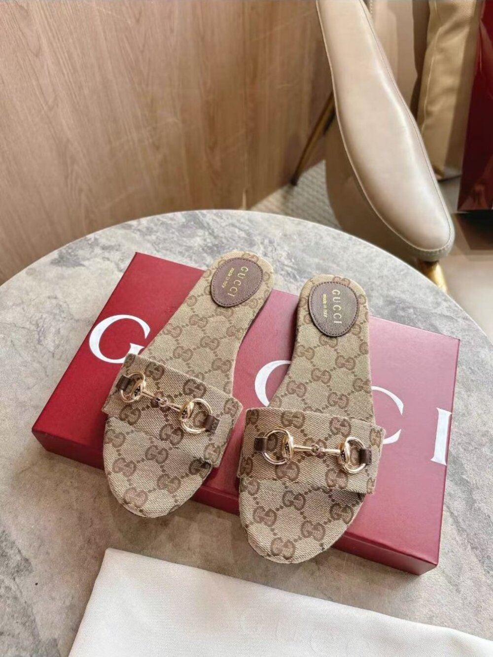 GUCCI Canvas Horsebit Flat Slide Sandals